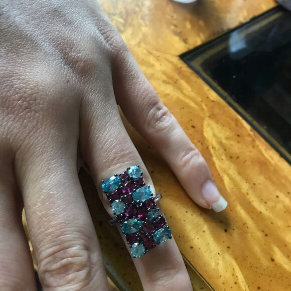 Natural Rhodolite Garnet Blue Zircon Sterling Silver Cocktail Ring Size 5 - Picture 9 of 9